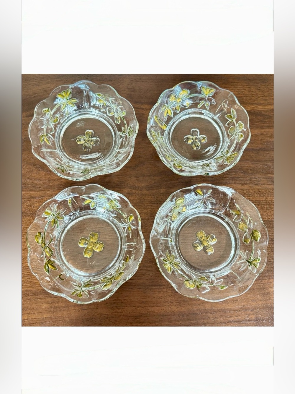 4 VINTAGE 20th CENTURY GLASS BOWLS SET Bronze Gold Clover Floral Dishes 4@5.5"ea